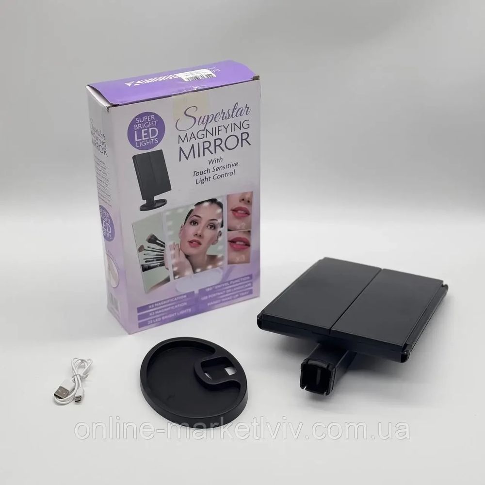 Косметическое зеркало тройное с подсветкой, от USB, Черный / Зеркало для макияжа / Зеркало настольное 23457387202 фото