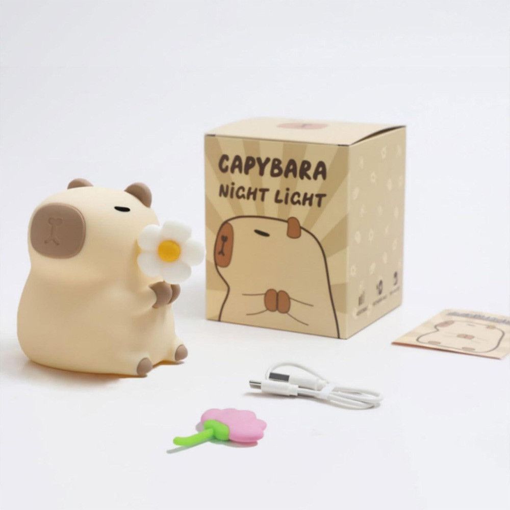 Силиконовый ночник Капибара с цветком, RGB подсветка, от USB / Аккумуляторный светильник-ночник / Светодиодный ночник 234596199 фото