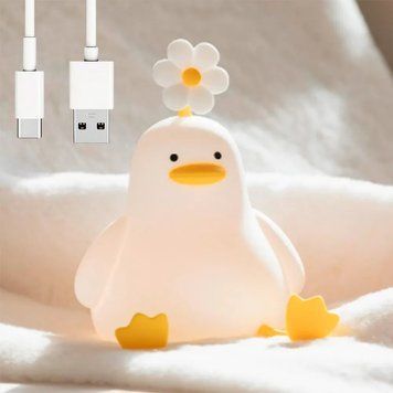 Ночник силиконовый Утка с цветочком, от USB, Теплый белый / Ночник на аккумуляторе / Силиконовый светильник 234574807 фото