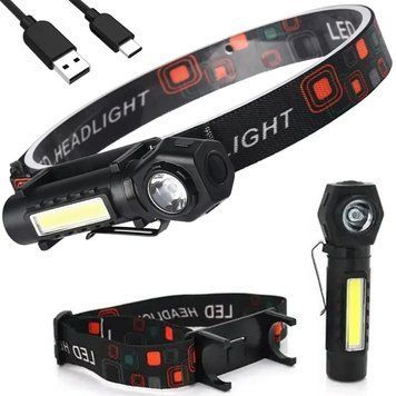 Налобный фонарь 2в1, 3 режима, от USB, KX-212 / Светодиодный LED фонарь на голову / Ручной фонарик 234563836 фото