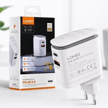 Сетевое зарядное устройство с ночником и кабелем Type-C to Lightning, 25W, Ldnio A2423C, Белый / Зарядка для мобильного 234596146 фото
