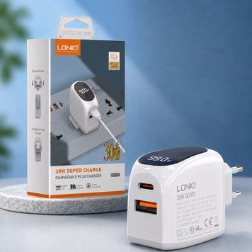 Сетевое зарядное устройство для 30W, с дисплеем и кабелем Type-C to Lightning, Ldnio A2522C, Белый / Зарядка для телефона 234596147 фото