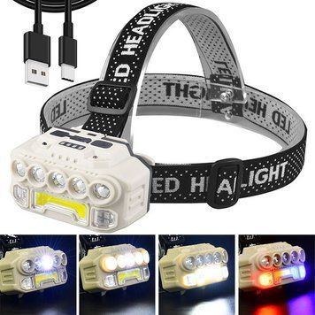Налобный фонарь аккумуляторный COB + 5LED, сенсорное включение, HX 817, Белый / Светодиодный фонарик на голову 234576869 фото