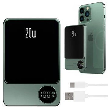 Power Bank с беспроводной зарядкой на 10000мАч, 20Вт, MagSafe Q9 / Внешний аккумулятор для телефона / Беспроводной магнитный павербанк (Цвет: Зеленый) 23457141001 фото