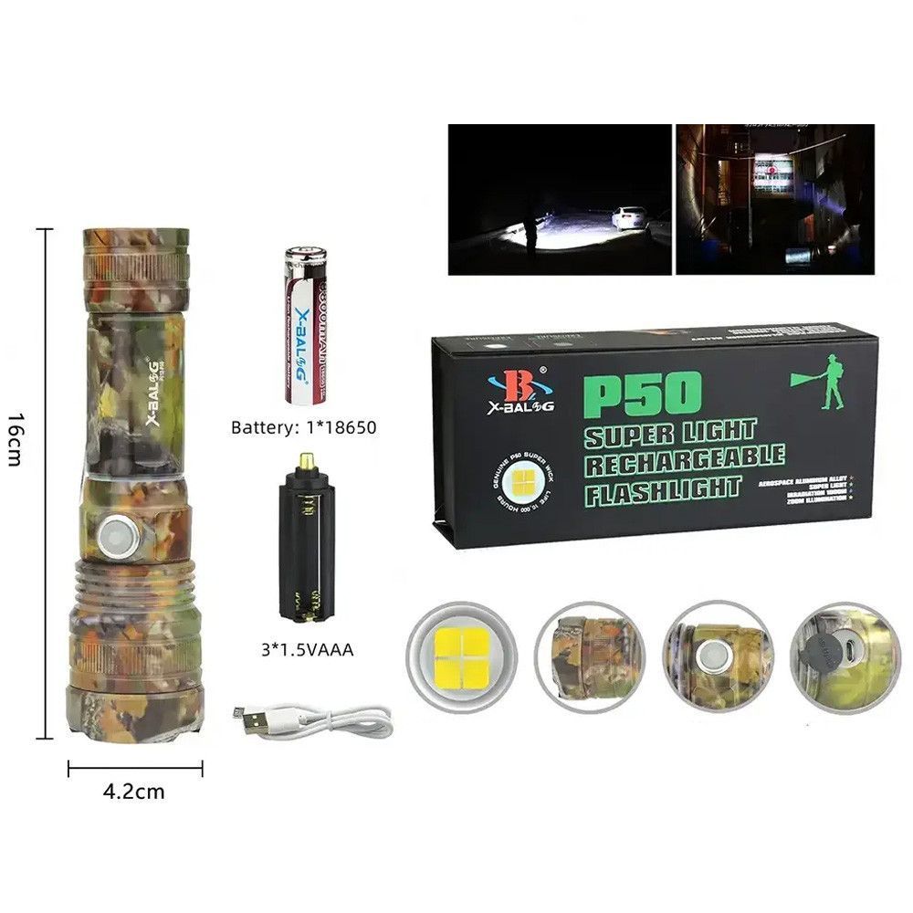 Аккумуляторный ручной фонарь с USB, 5 режимов, Bailong BL-P512M-P50, Камуфляж / Тактический фонарик с зумом / Мощный фонарь ручной 234590688 фото
