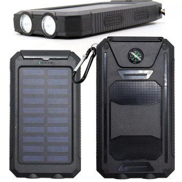 Повербанк на 20000 mAh, с солнечной панелью и фонариком / Противоударный, водонепроницаемый PowerBank (Цвет: Черный) 234575185 фото