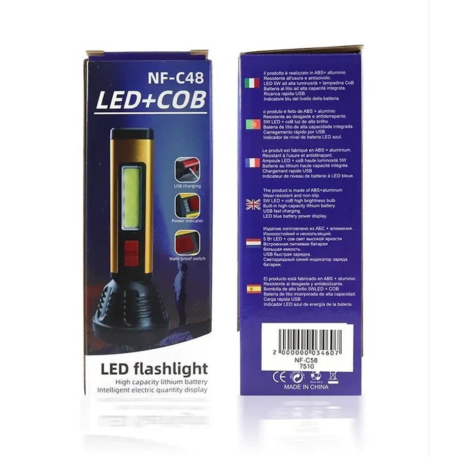 Ручной фонарь с боковой подсветкой 5W, LED + COB, NF-C58, Желтый / Светодиодный фонарь аккумуляторный / Ручной фонарик 234590833 фото