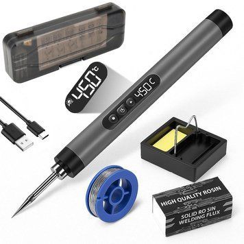 Аккумуляторный паяльник с дисплеем от USB + 3 жала и кейс, C200S G, Черный / Беспроводной паяльник для микросхем 234576626 фото