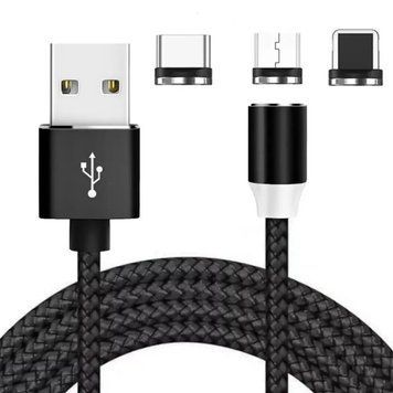 Магнітний кабель для зарядки телефону 3в1 (Type-C, USB, Lightning) Чорний / Шнур для зарядки з перехідниками 23456916502 фото
