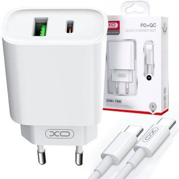 Сетевое зарядное устройство PD20W+QC18W с быстрой зарядкой и кабелем Type-C, XO CE02A, Белый / Блок питания для телефона 234592287 фото