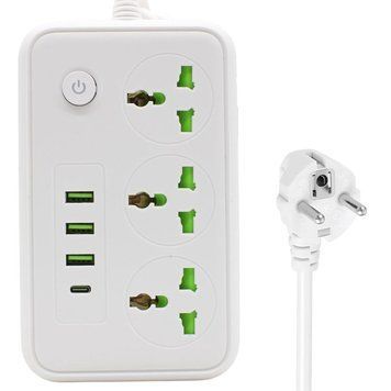 Мережевий фільтр 2м, 2500Вт, 3х220Вт, 3хUSB, 1хType-C, Білий / Переноска-розетка / Подовжувач з вимикачем 234580410 фото