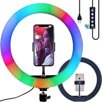 Кольцевая RGB лампа 30 см RD-12, питание от USB / Двухсторонняя цветная лампа LED с держателем для телефона 234567357 фото