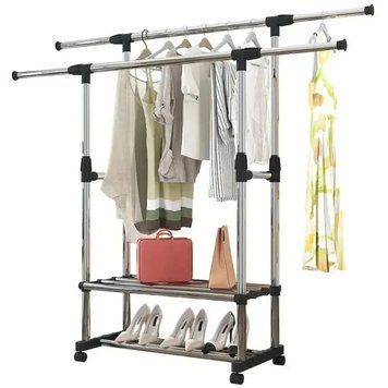 Телескопическая стойка для одежды двойная 155x76x42 см, Double Pole 8019-2F, Черная / Напольная вешалка 234567609 фото