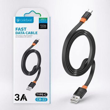 Кабель USB Type-C, 1м, 3А, CB33 CELEBRAT, Черный / Кабель для подзарядки телефона / Зарядный кабель / Зарядный шнур 234594042 фото