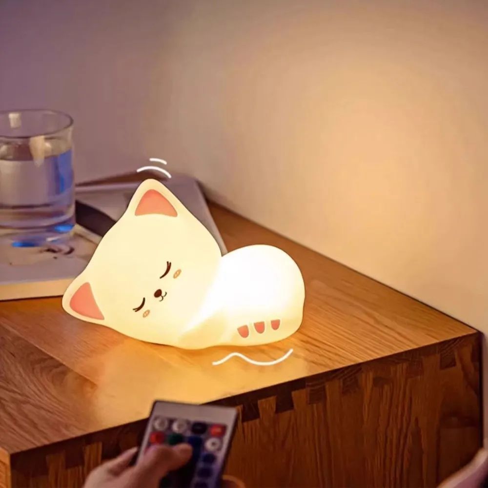 Детский ночник Спящий Котик + пульт, 16х11х7см, 6 режимов, с USB / Аккумуляторный светильник-ночник силиконовый / Мягкий ночник для детей 234575653 фото