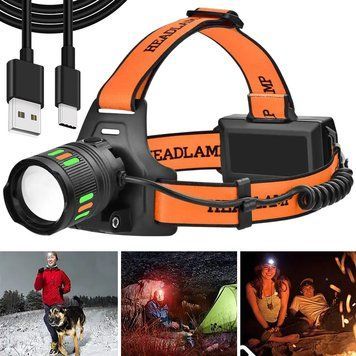 Налобный фонарик аккумуляторный 2x18650, COB, с USB, BL 203-TG, Черно-оранжевый / Фонарь на голову / Фонарик на лоб 234577730 фото