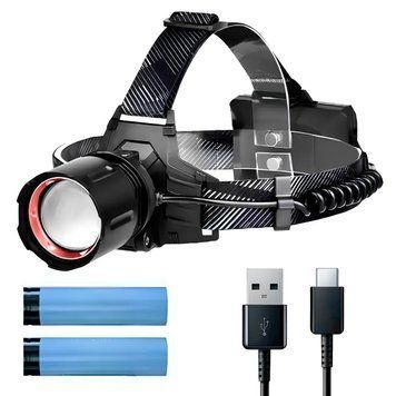 Налобный фонарь + 2 аккумулятора (3 режима), от USB, PM10-TG, Черный / Туристический фонарь на лоб / Фонарик на голову 234575673 фото