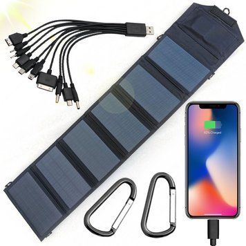 Портативна сонячна панель 15Вт, 2хUSB-2А, 10 перехідників, Чорна / Складна сонячна батарея для зарядки телефону 234576814 фото