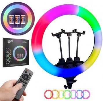 Кольцевая LED лампа RGB 56 см, MJ56 / Профессиональная светодиодная лампа для селфи 3 держателя + пульт ДУ 234565638 фото
