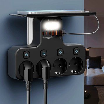 Мережевий фільтр на 4 розетки (3хUSB + 3хType-C), 4000Вт, Чорний / Розгалужувач в розетку / Трійник з підсвіткою 234586299 фото